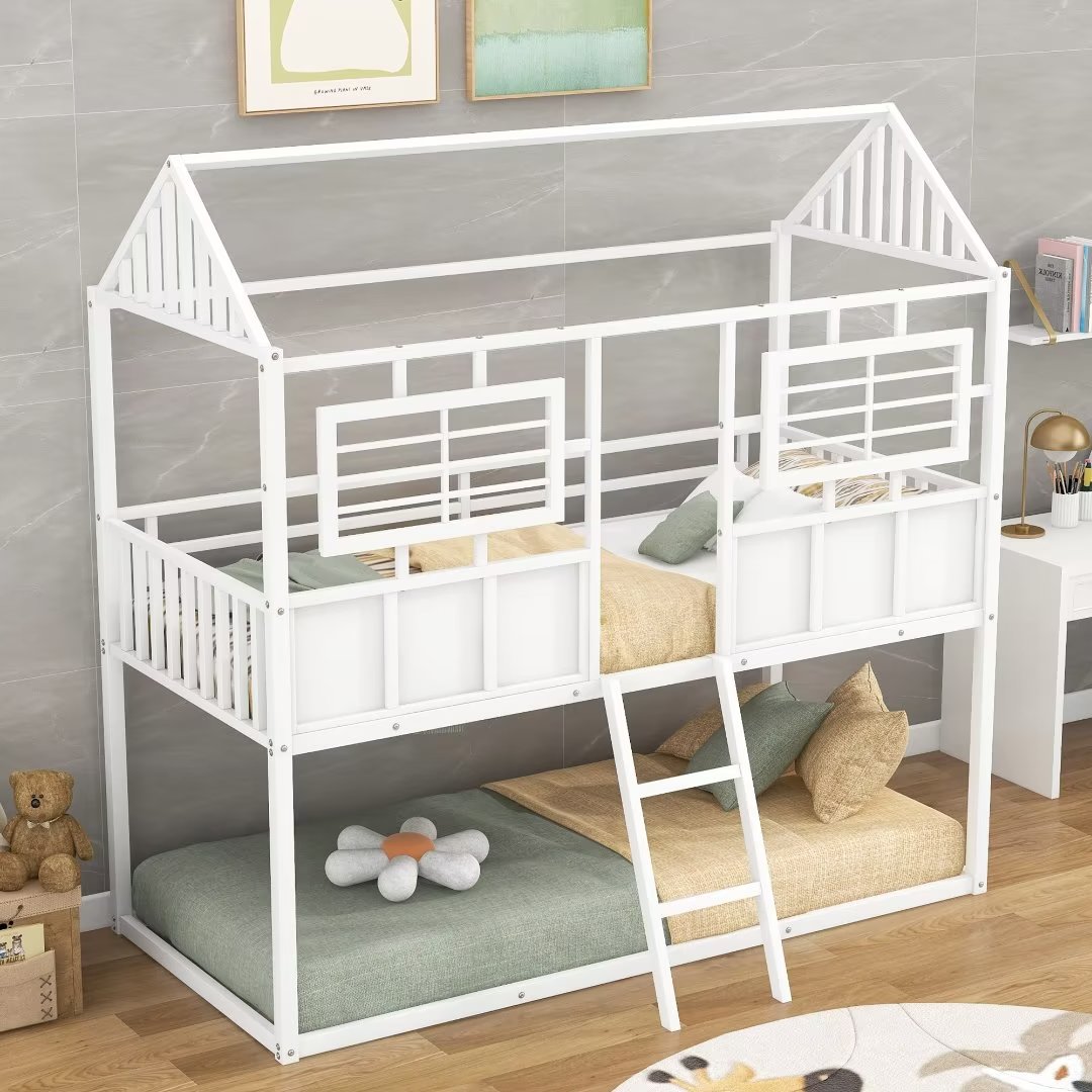 Twin over Twin Bunk Bed,Metal Low Bunk Bed Frame with Roof and Fence