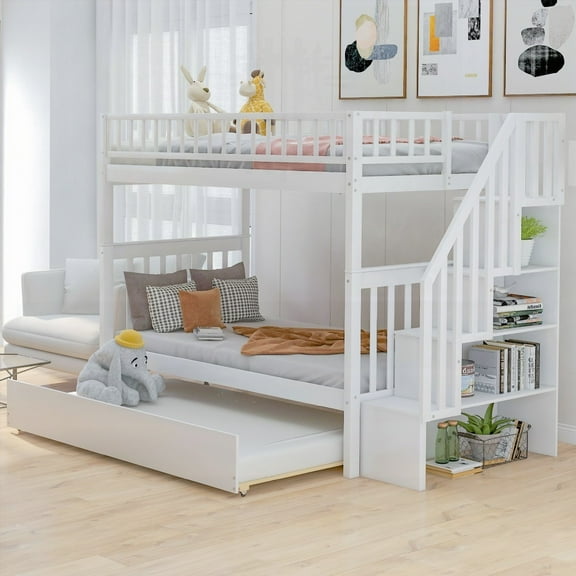 Twin over Twin Bunk Bed w/Trundle & Storage - White, 6" Mattress for Upper & Trundle, 8-10" for Down