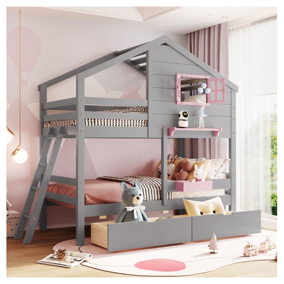 Twin-over-Twin Bunk Bed with 2 Drawers, 1 Storage Box, 1 Shelf, Window & Roof, Gray