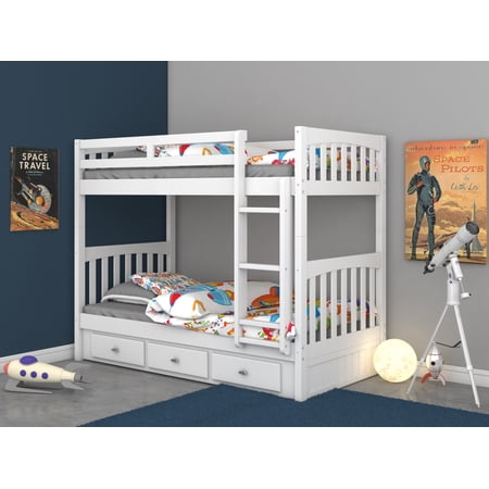 Twin over Twin Bunk Bed with 3 Drawers in White by Discovery World Furniture