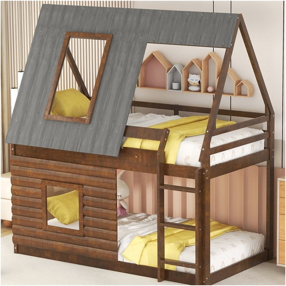 Twin over Twin Bunk Bed with Attached Roof and Ladder, Solid Wood Loft Bed Frame with Slat Support, Brown and Grey Finish