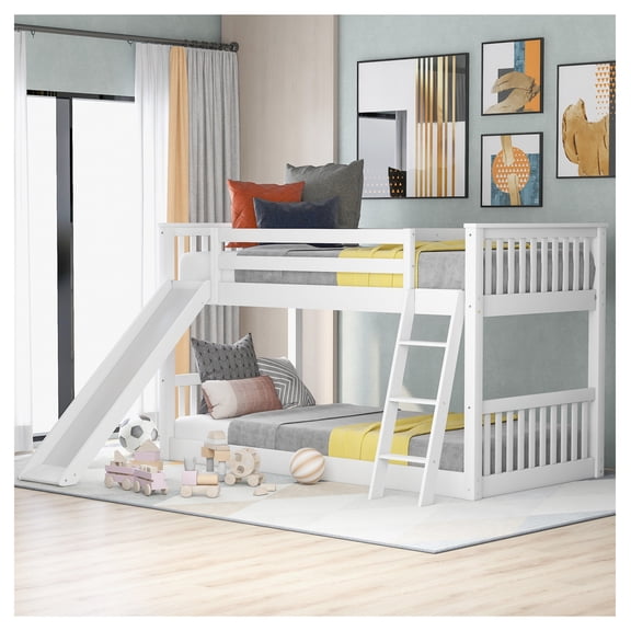 Twin over Twin Bunk Bed with Convertible Slide & Ladder, White, No Box Spring