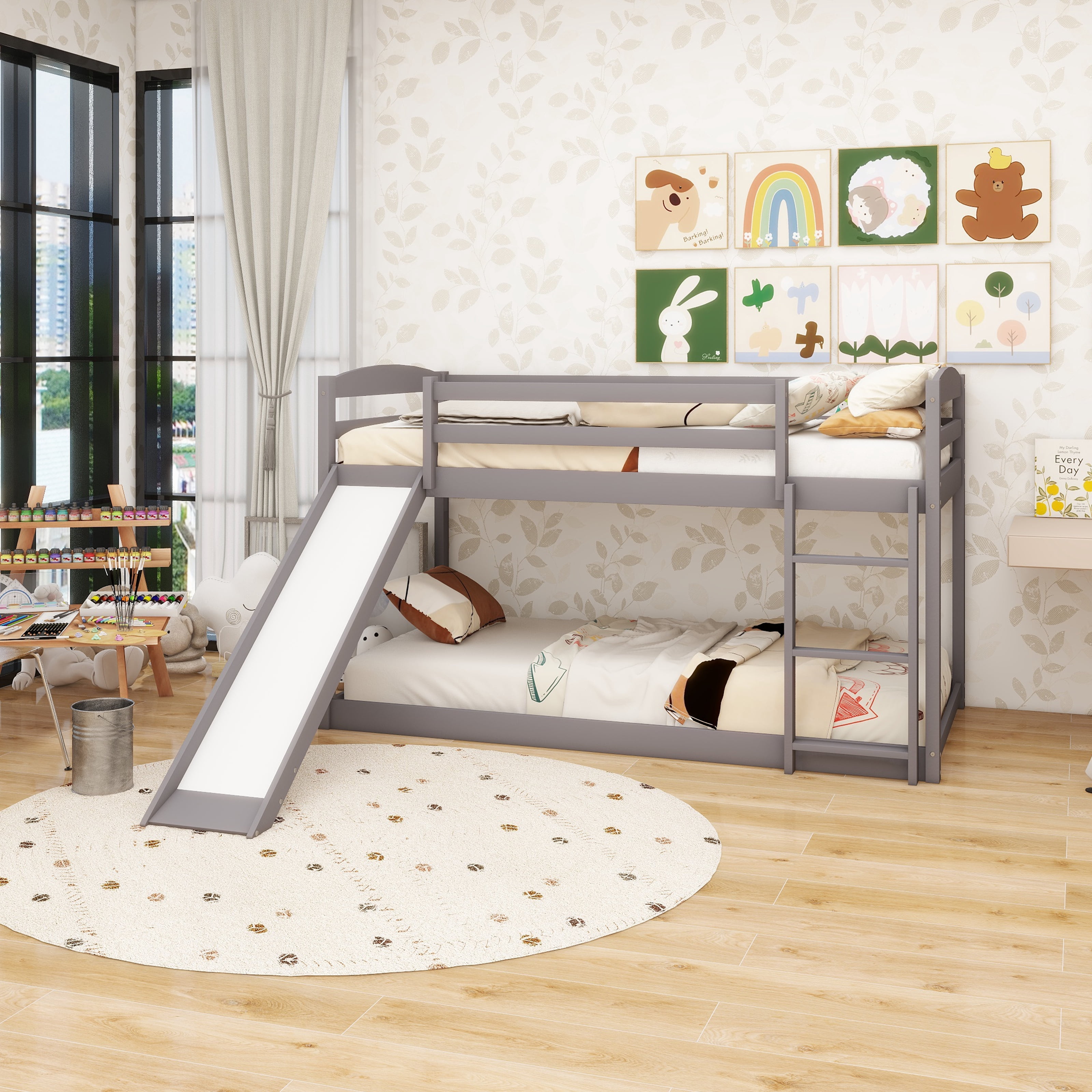 Twin over Twin Bunk Bed with Convertible Slide and Ladder , Gray ...