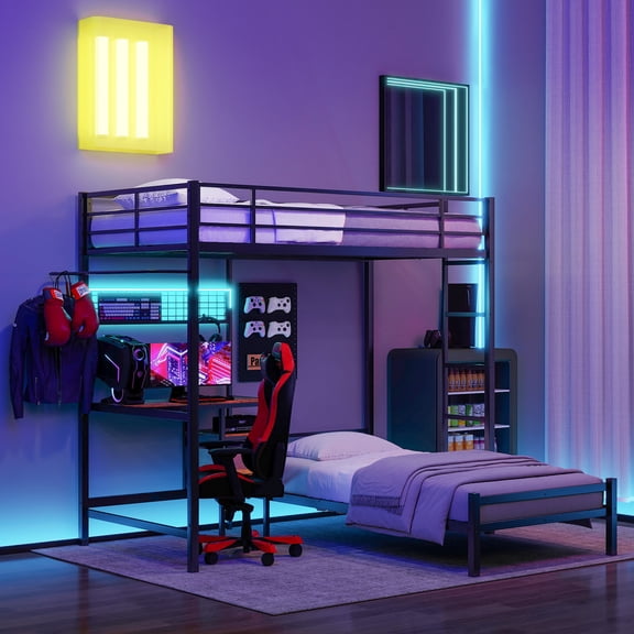 Twin over Twin Bunk Bed with Desk, L-Shaped Loft Bed with Storage Shelves, Drawers & Ambient Lighting, Metal Bunk Bed with Safety Guardrail, Black