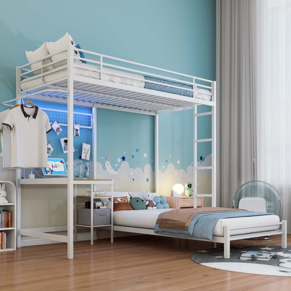 Twin over Twin Bunk Bed with Desk and Storage, Metal Twin Bunk Bed Frame with Charging Station, LED Light, Clothes Rack and Wire Grid, White