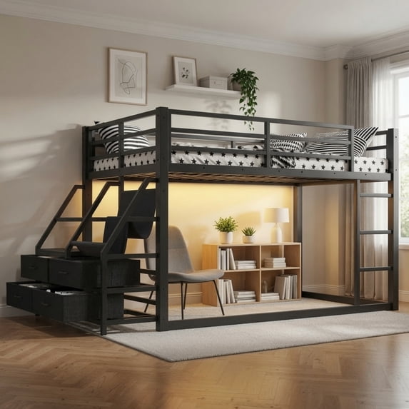 Twin over Twin Bunk Bed with LED Lights, Storage Shelves & Drawers, Space-Saving Metal Frame, Black