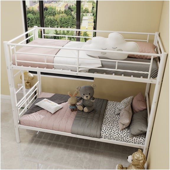 Twin over Twin Bunk Bed with Ladder, Convertible 2 Separate Beds, Steel Frame, Guardrails, Space Saving, White