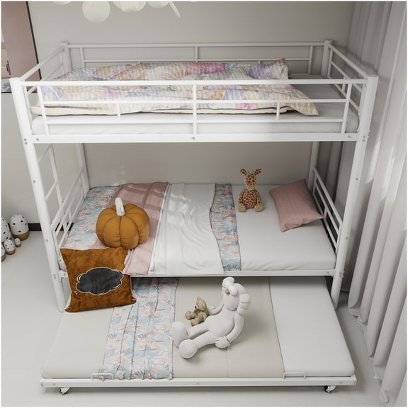 Twin over Twin Bunk Bed with Ladder, Convertible to 2 Separate Beds, No Box Spring Required, Space Saving Steel Frame Bedroom Furniture, White