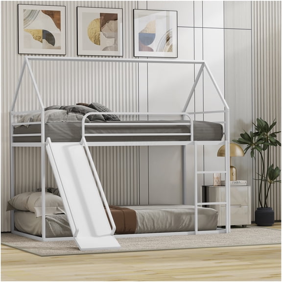 Twin over Twin Bunk Bed with Slide, Playful House Design Metal Loft Bed for Shared Rooms