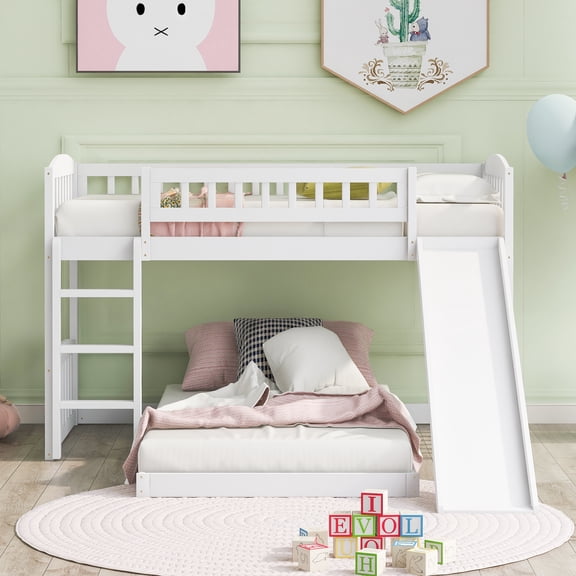 Twin over Twin Bunk Bed with Slide, Space Saving Bunk Bed with Ladder, Solid Wood Bunk Bed Frame with Safety Rails, White Bunk Bed for Shared Rooms