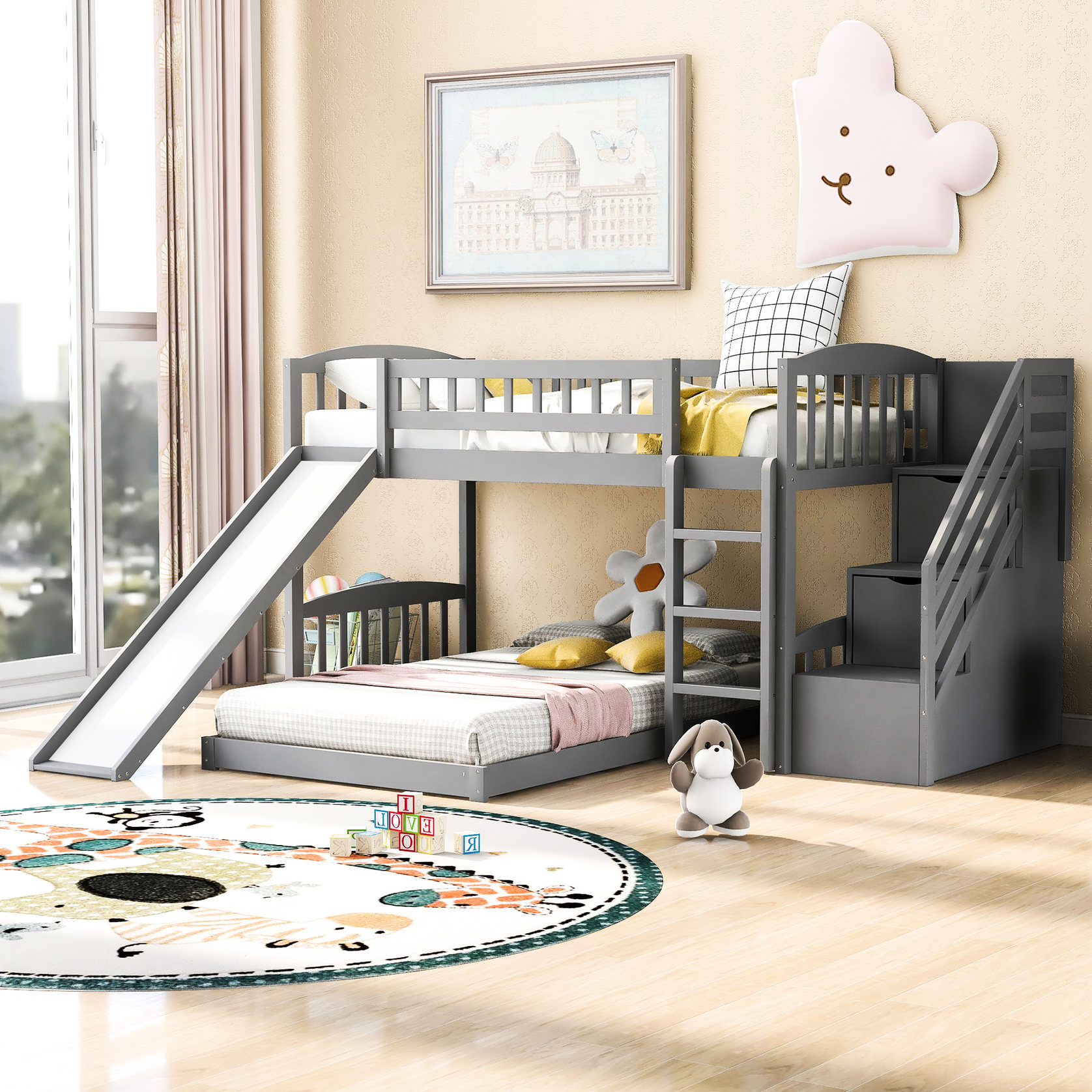 Twin over Twin Bunk Bed with Stair, Slide and Gray Color | Ample Weight ...