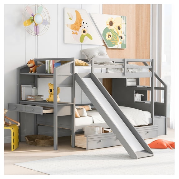 Twin-over-Twin Bunk Bed with Storage Staircase, Slide & Desk Drawers, Gray, Box Spring Not Required