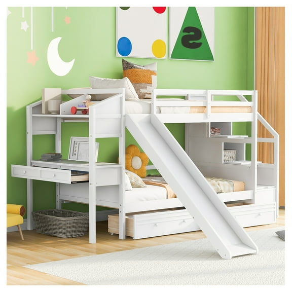 Twin-over-Twin Bunk Bed with Storage Staircase, Slide & Desk Drawers, White, Box Spring Not Required