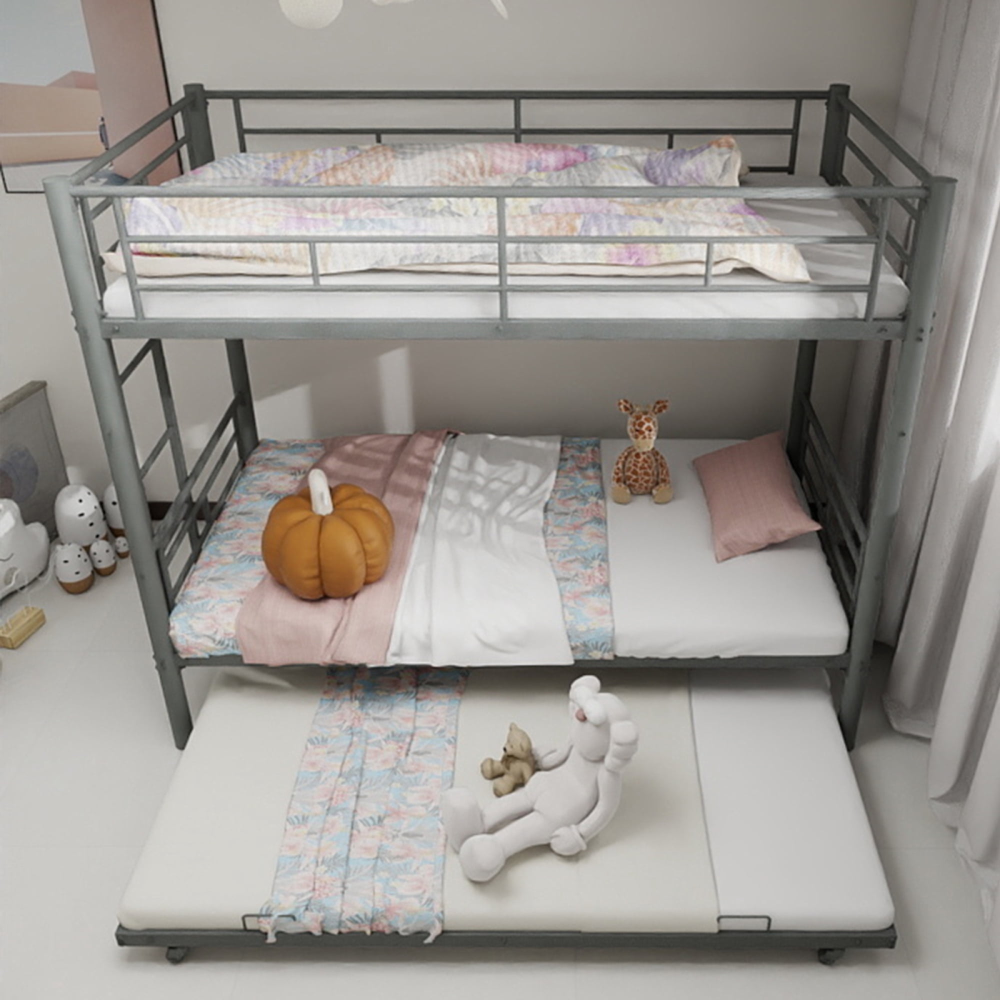 Twin over Twin Bunk Bed with Trundle,Heavy Duty Metal Bed Frame with Sturdy Guardrail for Kids/Adults,Noise Reduced,Silver