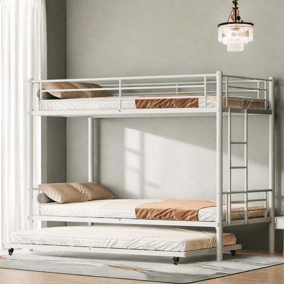 Twin over Twin Bunk Bed with Trundle, Metal Frame with Ladder & Guardrails, 2-in-1 Convertible Design, Under-Bed Storage, No Box Spring Needed, White