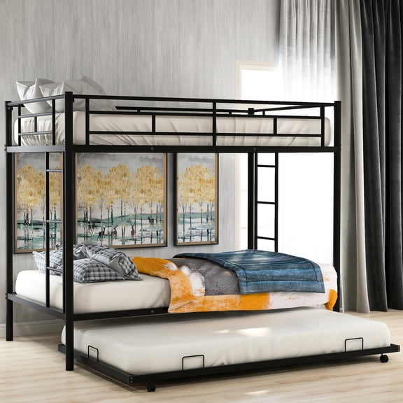 Twin over Twin Bunk Bed with Trundle / Safe Sleep with Slatted Guardrails