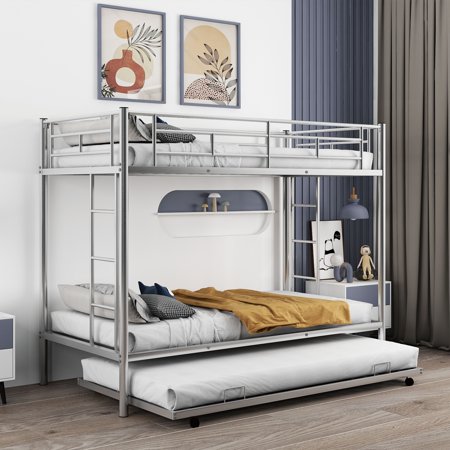 Twin over Twin Bunk Bed with Trundle, Silver