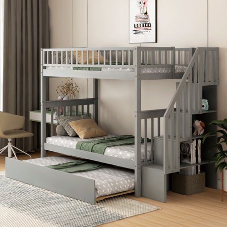 Twin over Twin Bunk Bed with Trundle and Storage, Gray
