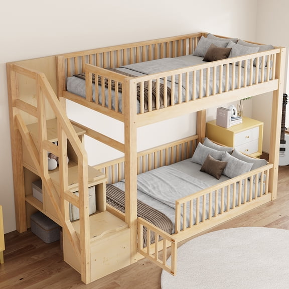 Twin over Twin Floor Bunk Bed with Storage Ladder, Solid Pine Construction, Low-Profile Design, Full-Length Guardrails, No Box Spring Needed, Natural