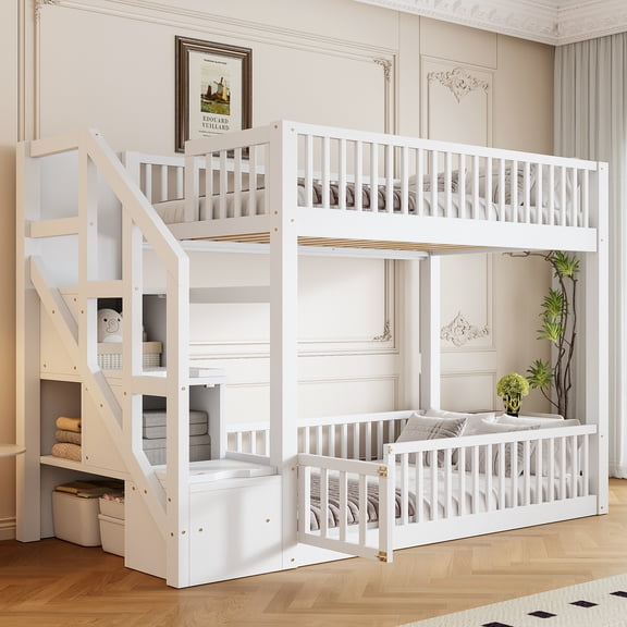 Twin over Twin Floor Bunk Bed with Storage Ladder, Solid Pine Construction, Low-Profile Design, Full-Length Guardrails, No Box Spring Needed, White