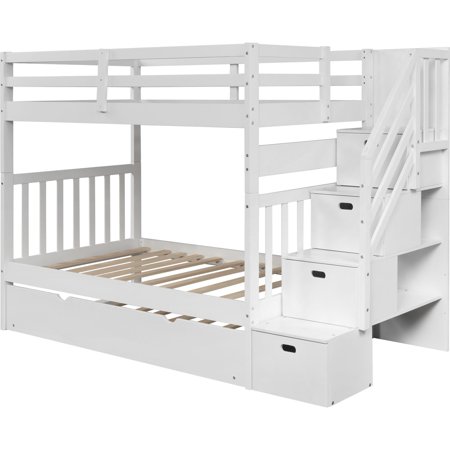 Twin over Twin/Full Bunk Bed with Twin Trundle, 3 Open Compartments and 4 Drawers White