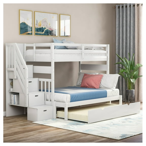 Twin over Twin/Full Bunk Bed with Twin Trundle, White