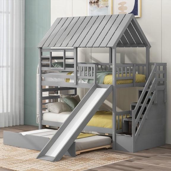 Twin Size Metal Platform Bed Frame with Storage Staircase, Gray (No Box Spring Needed)
