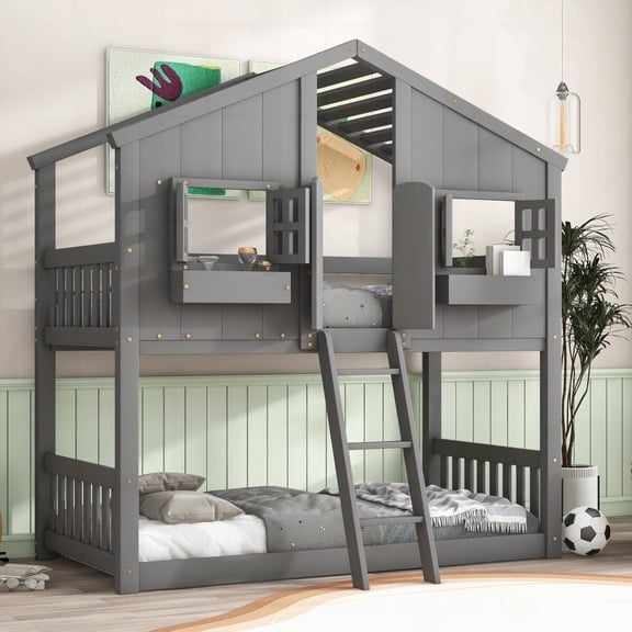 Twin over Twin House Bunk Bed in Grey with Roof, Window, Window Box & Door, Safety Guardrails & Ladder