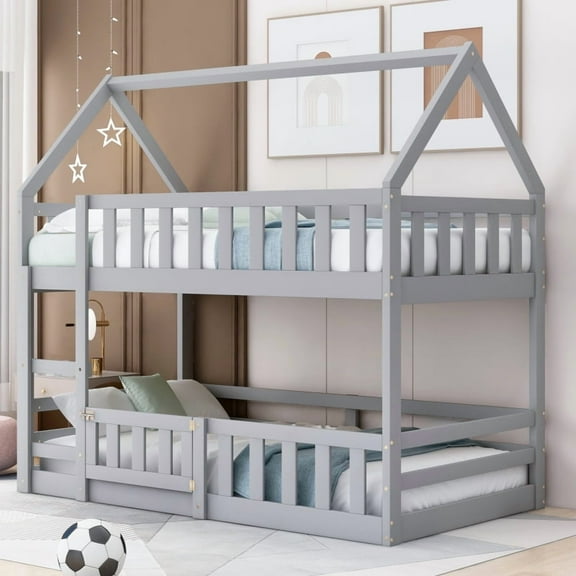[Luckynote]Twin over Twin House Bunk Bed with Fence and Door, Gray