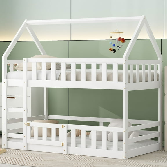 [Luckynote]Twin over Twin House Bunk Bed with Fence and Door, White