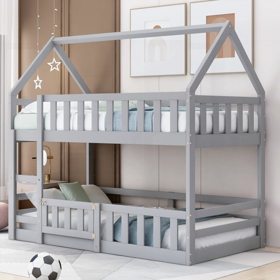 Twin over Twin House Bunk Bed in Gray - Sturdy Pine Wood & MDF, Fence & Door