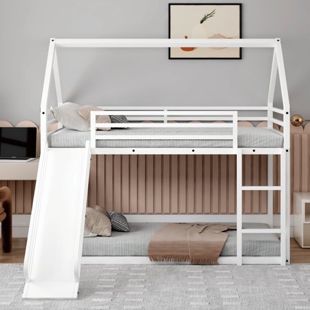 Twin over Twin House Bunk Bed with Ladder and Slide,White