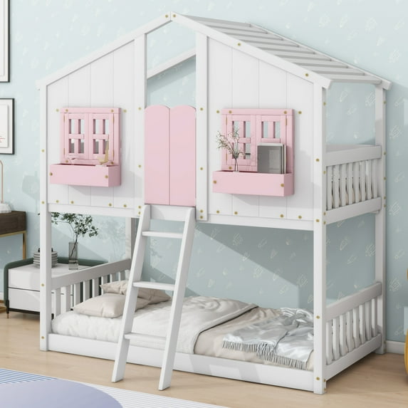 Twin over Twin House Bunk Bed with Roof,Floor Bunk Bed with Safety Guardrails and Ladder,Bunk Bed Frame with Window,Window Box and Door,Pink+White