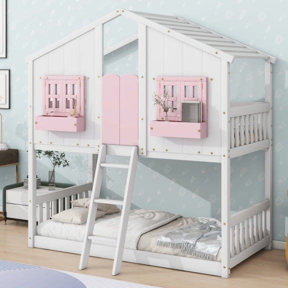 Twin over Twin House Bunk Bed with Roof,Floor Bunk Bed with Safety Guardrails and Ladder,Bunk Bed Frame with Window,Window Box and Door,Pink+White