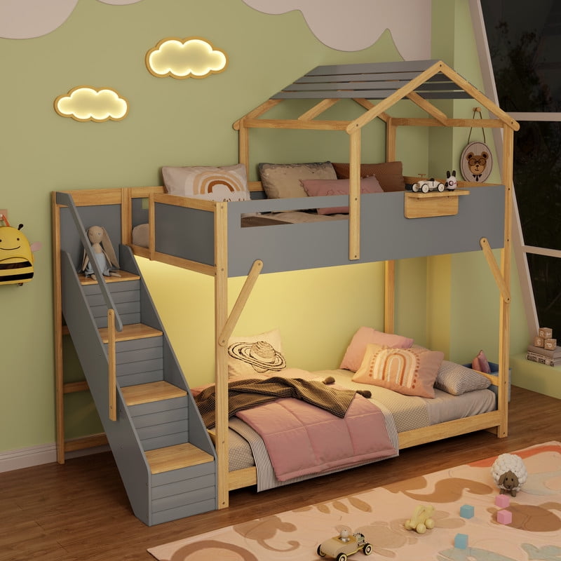 Twin over Twin House-Shaped Bunk Bed with Roof & Stairs, Kids Bed Frame with 3-Color LED Lights & Bedside Storage Shelf