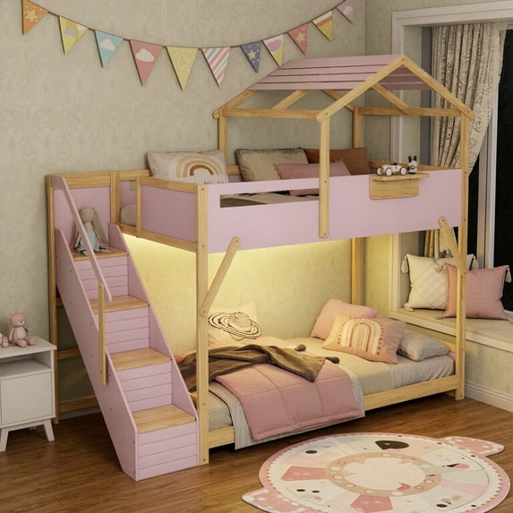 Twin over Twin House-Shaped Bunk Bed with Roof & Stairs, Kids Bed Frame with 3-Color LED Lights & Bedside Storage Shelf