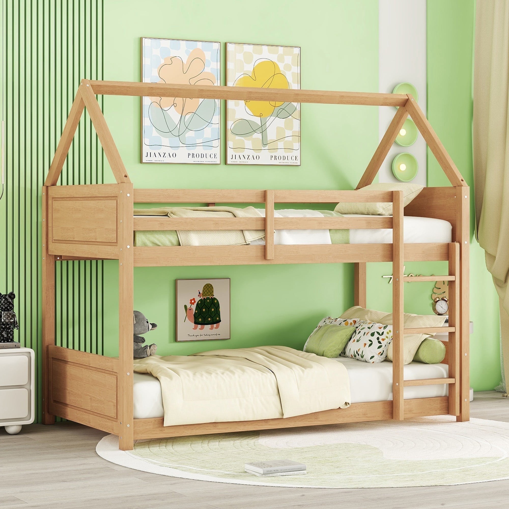 Twin over Twin House Shaped Floor Bunk Bed with Full Guardrails, Ladder ...