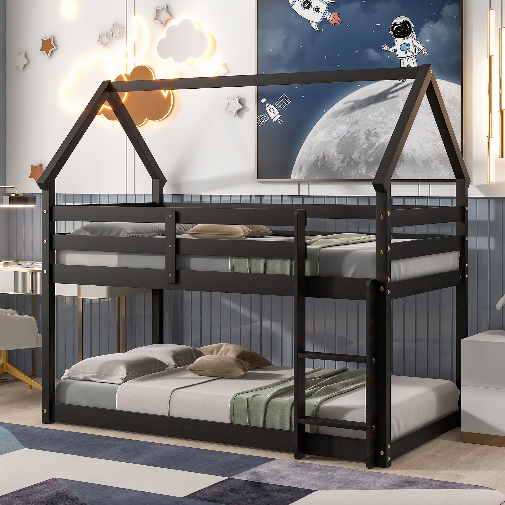 Twin over Twin Loft Bed with Roof Design, Safety Guardrail, Ladder ...