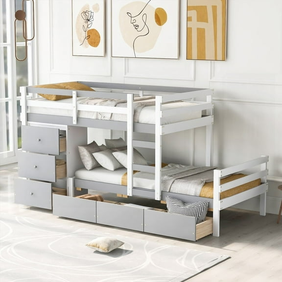 Twin over Twin Loft Bunk Bed in Gray Equipped with Drawers & Ladder, Sturdy & Durable