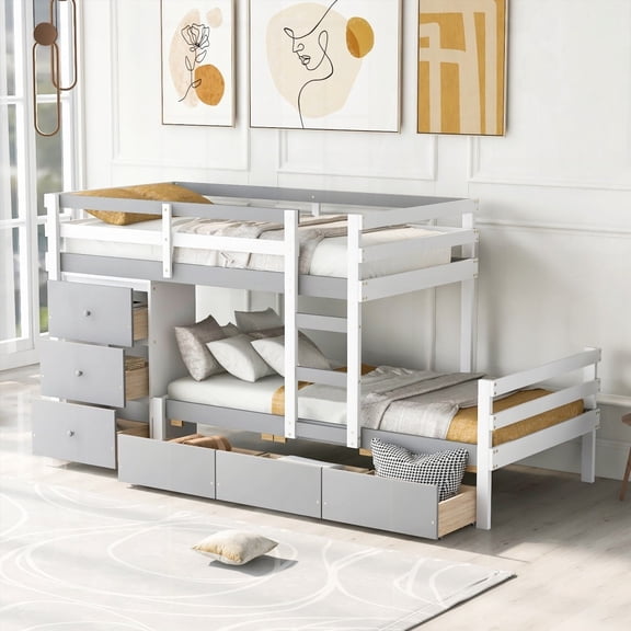 Twin over Twin Loft Bunk Bed in Gray with Drawers & Ladder, Spacious Storage