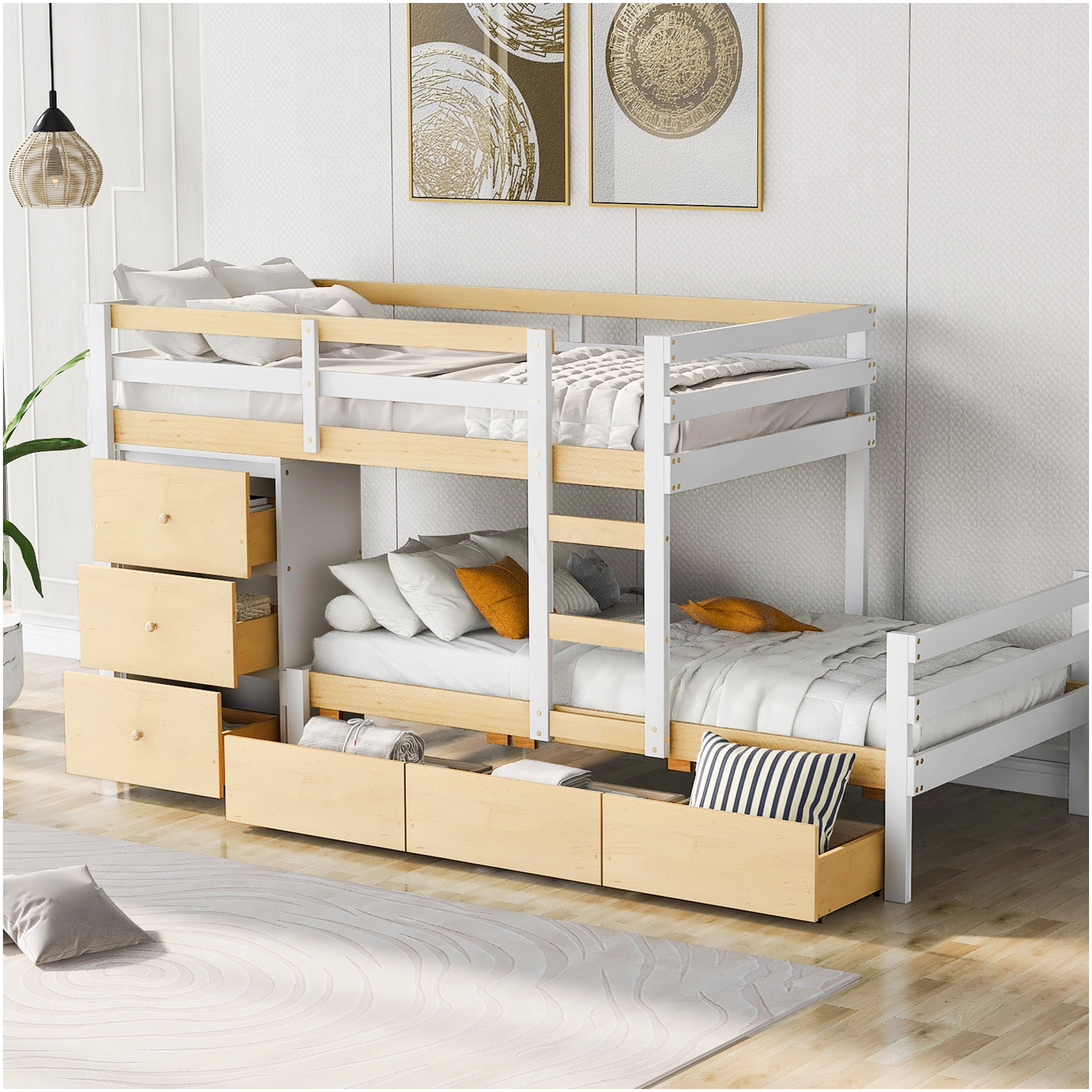 Twin over Twin Loft Bunk Bed with 6 Storage Drawers, Built-in Ladder