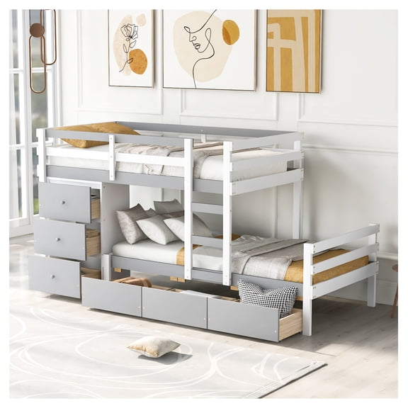 Twin-over-Twin Loft Bunk Bed with Drawers & Ladder, Gray