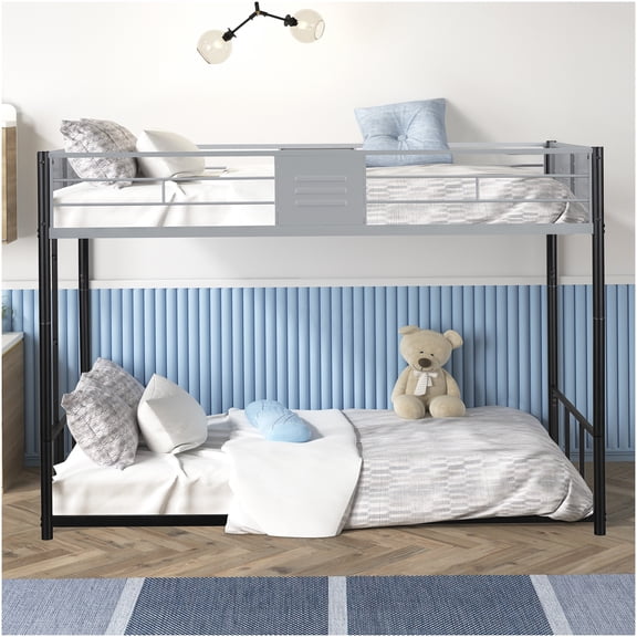 Twin over Twin Metal Bunk Bed, Convertible to 2 Separate Beds, Space Saving Black Frame with Full Guardrail and Ventilation