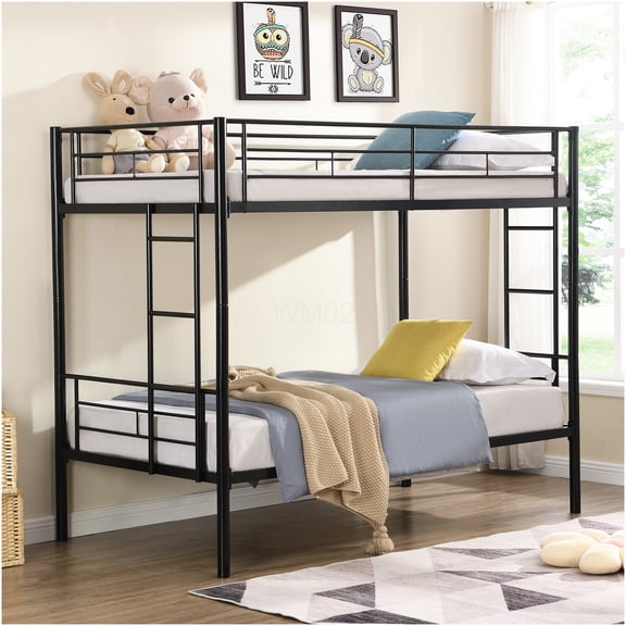 Twin over Twin Metal Bunk Bed Frame with Stairs, No Box Spring Required, Sturdy Steel Construction for Space Saving Bedroom Solutions