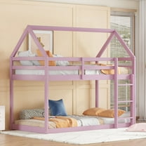 Twin over Twin Rubber Wood Floor Bunk Bed with ladder, Guardrails, House-Shaped-Loft Bed, Pink
