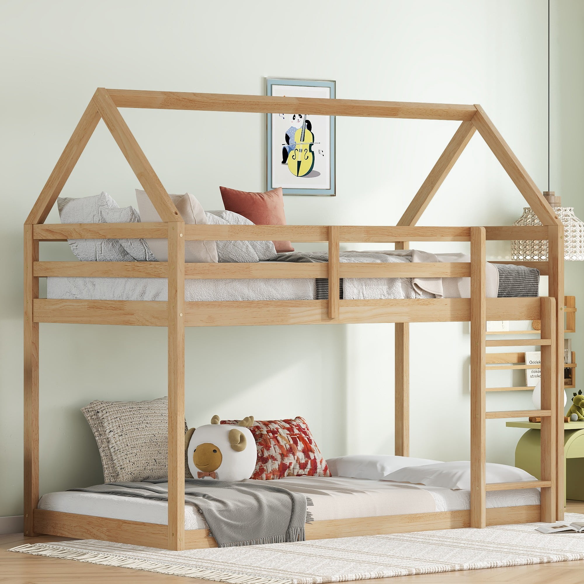 Twin over Twin Rubber Wood Floor Bunk Bed with ladder, Guardrails ...
