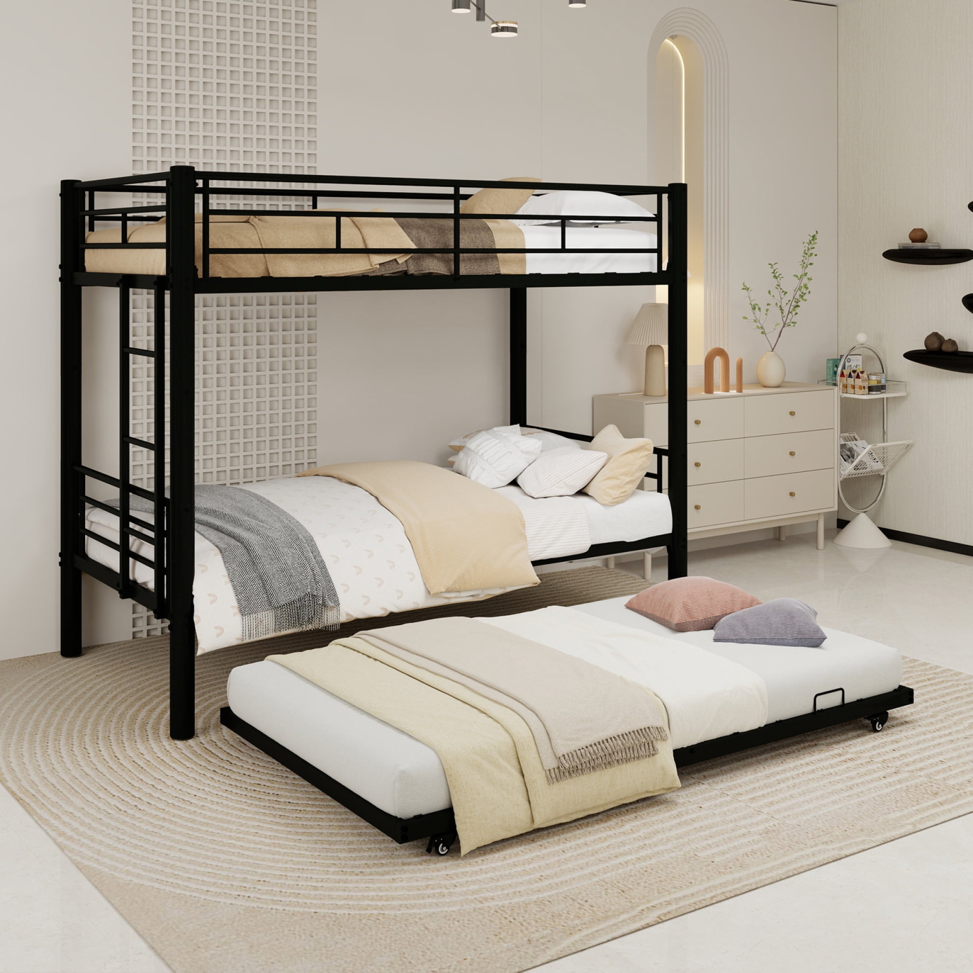 Twin over Twin Size Bunk Bed with Trundle, Heavy Duty Metal Bunk Bedframe with Ladder and Guardrails, Detachable Bunk Beds for Boys Girls