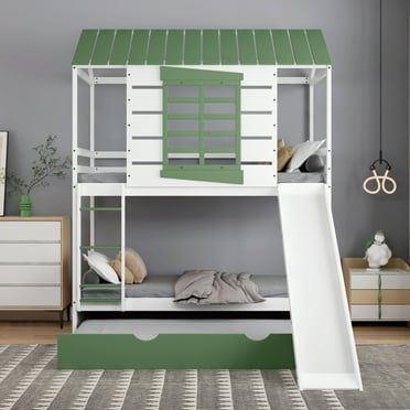 Twin over Twin Size House Bunk Bed with Convertible Slide and Trundle, White+Green