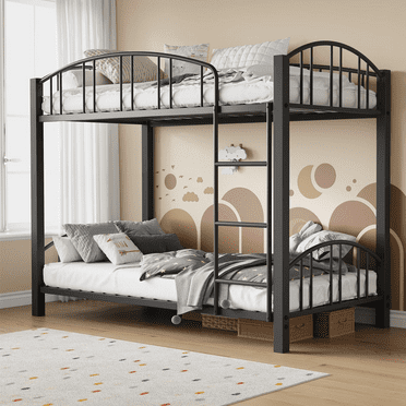 Twin over Twin Size Metal Bunk Bed with Arched Guardrail and Safety Ladder,Heavy Duty Bunkbeds Frame,No Box Spring Needed,Space-Saving