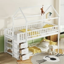 Twin over Twin Solid and Stable House Bunk Bed with Shelves and Drawers (White)